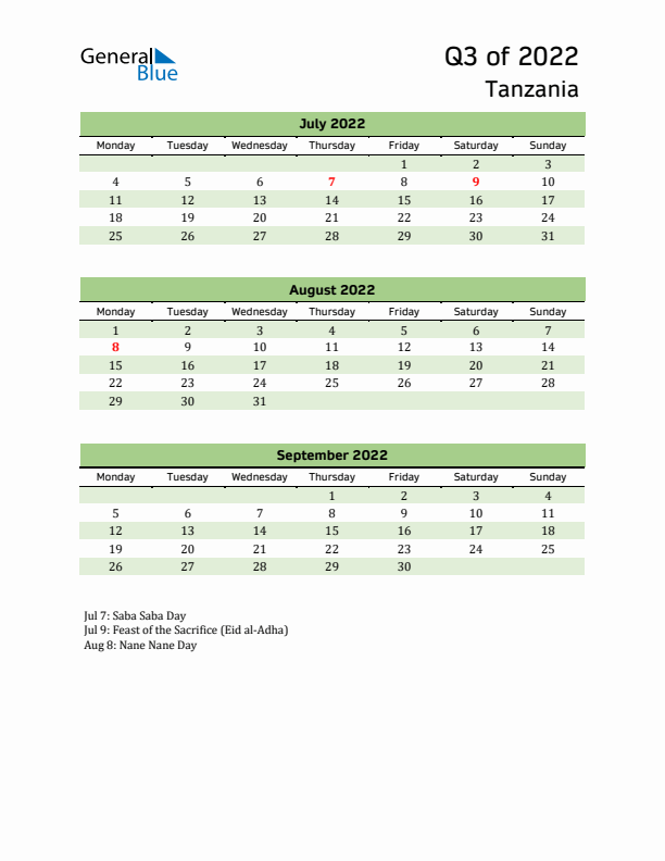 Quarterly Calendar 2022 with Tanzania Holidays