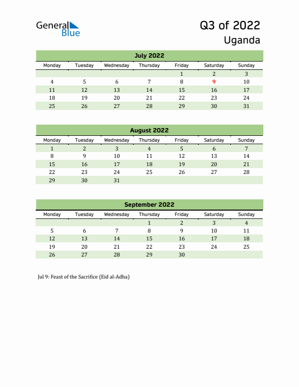 Quarterly Calendar 2022 with Uganda Holidays