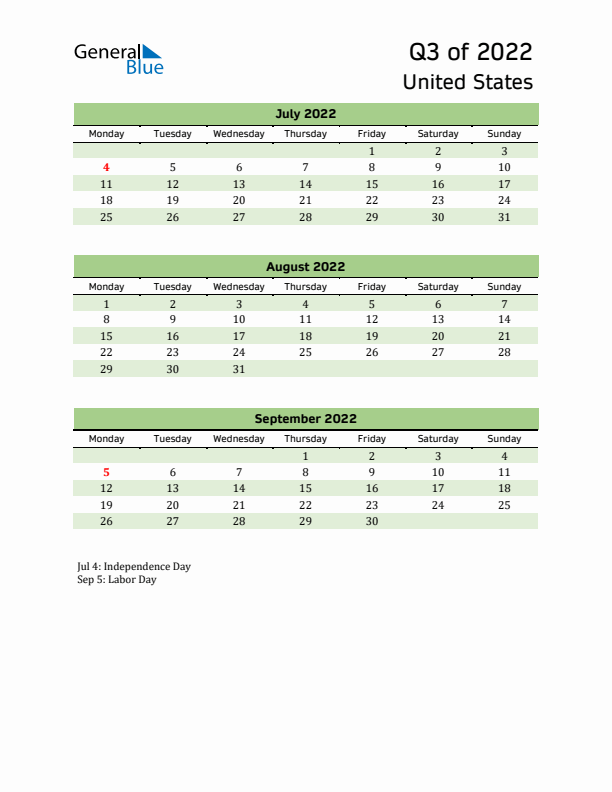 Quarterly Calendar 2022 with United States Holidays
