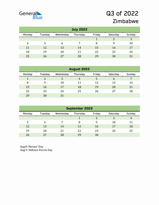 Quarterly Calendar 2022 with Zimbabwe Holidays