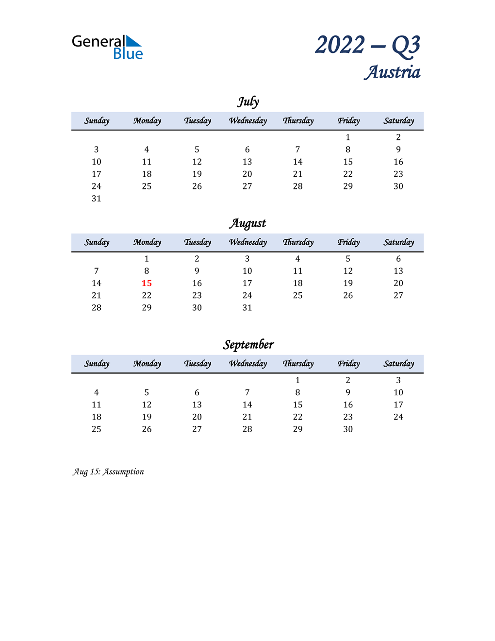  July, August, and September Calendar for Austria
