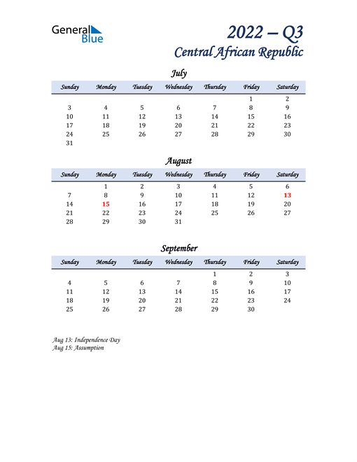  July, August, and September Calendar for Central African Republic