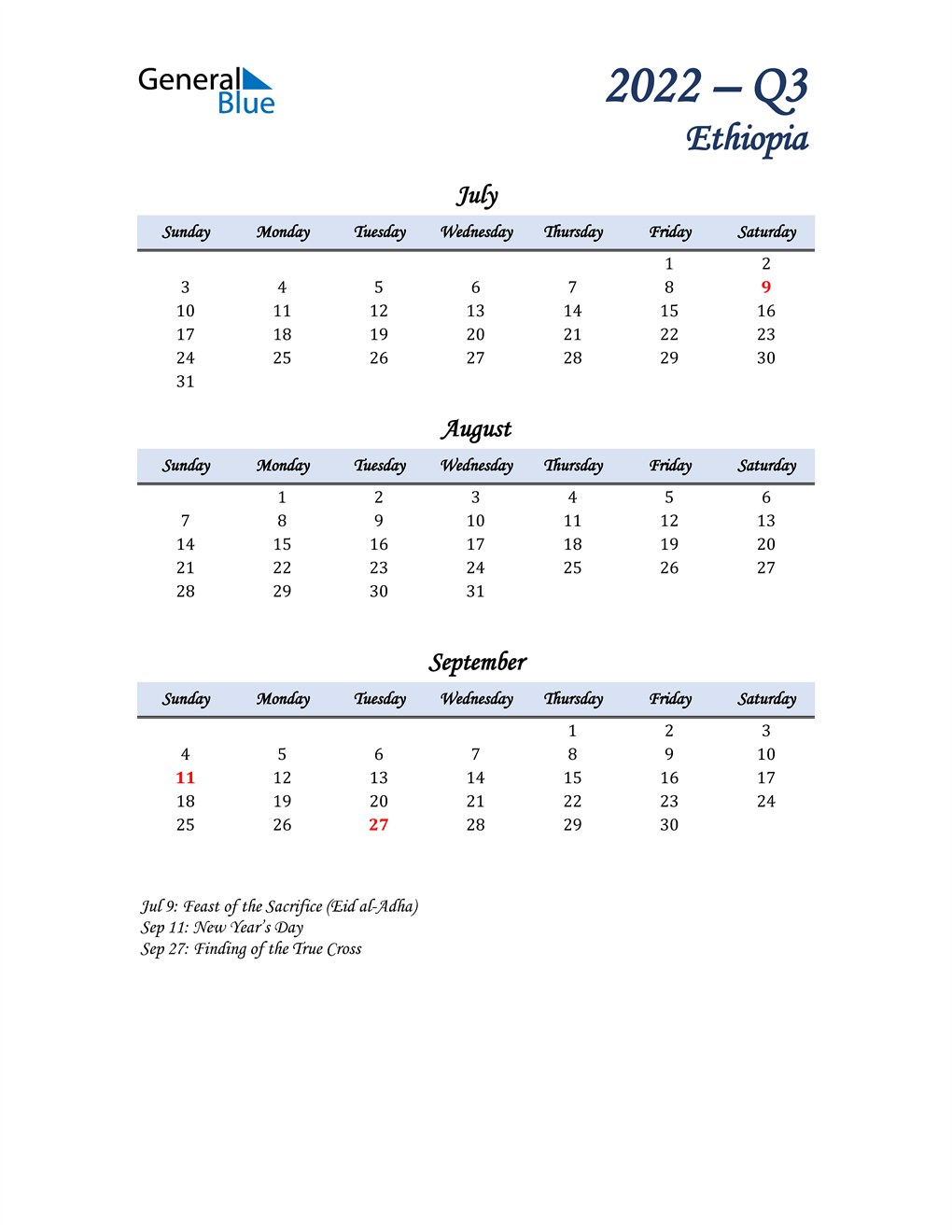  July, August, and September Calendar for Ethiopia