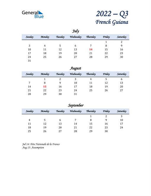  July, August, and September Calendar for French Guiana