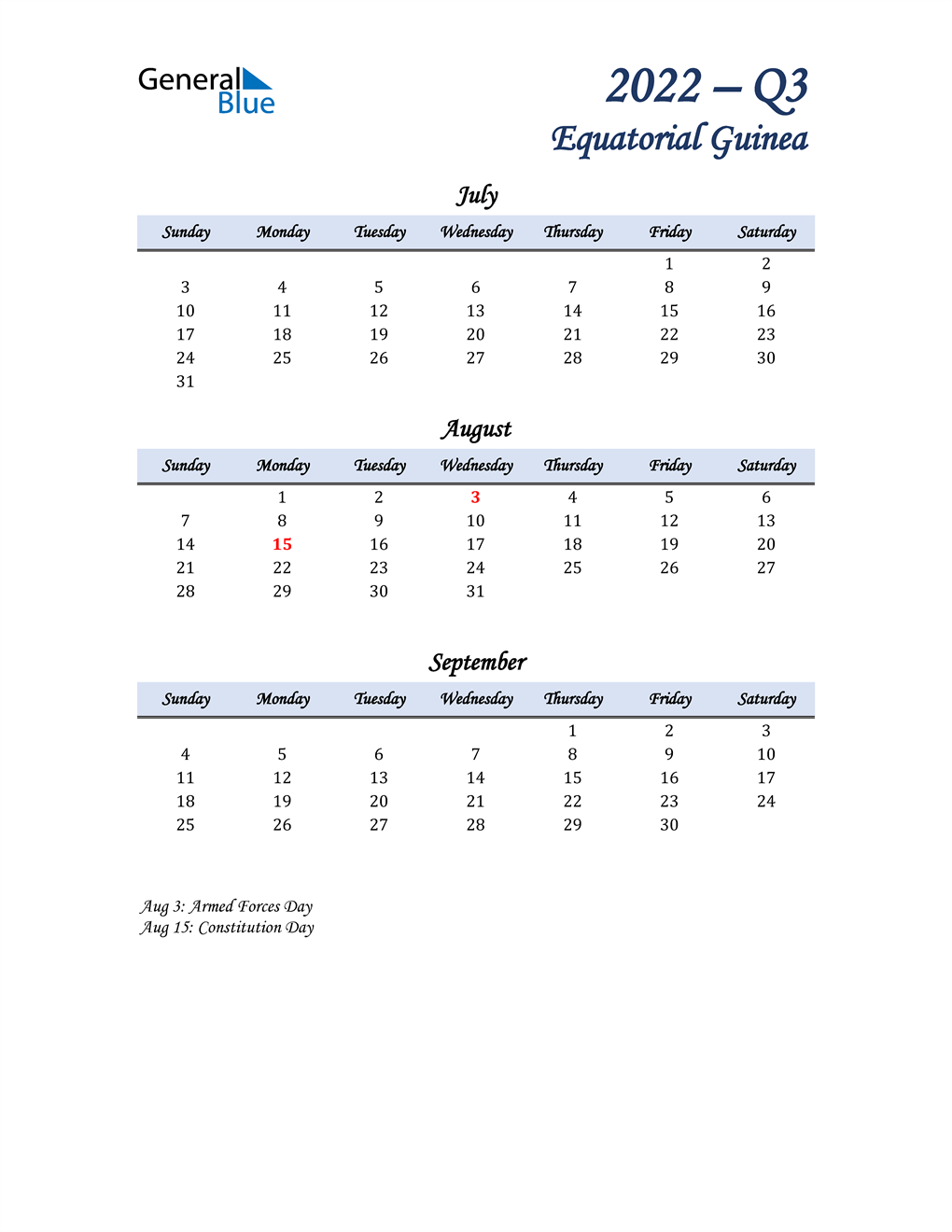  July, August, and September Calendar for Equatorial Guinea
