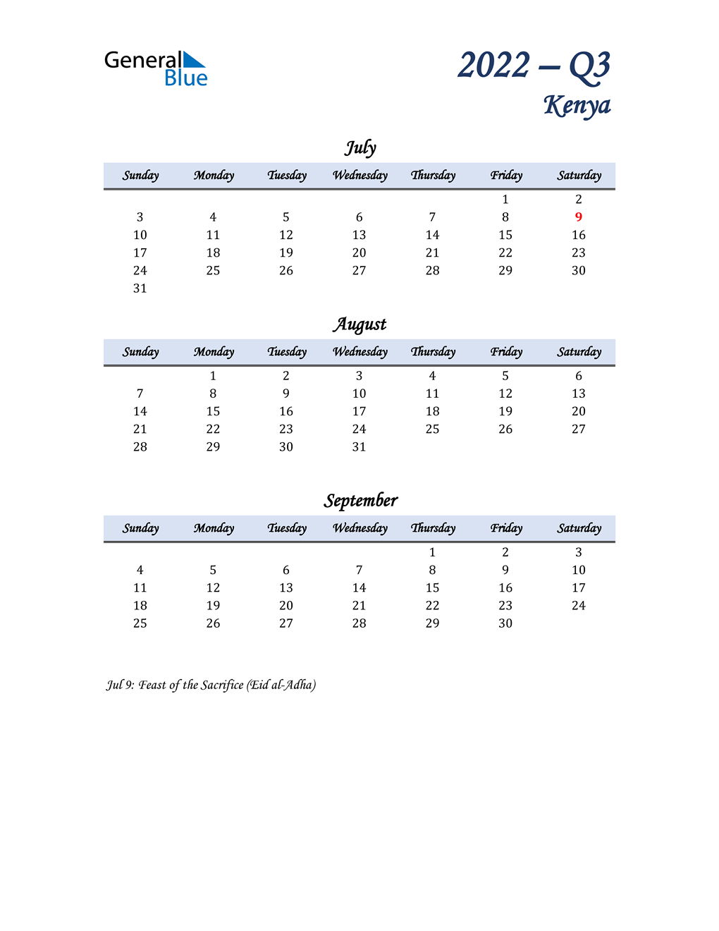  July, August, and September Calendar for Kenya