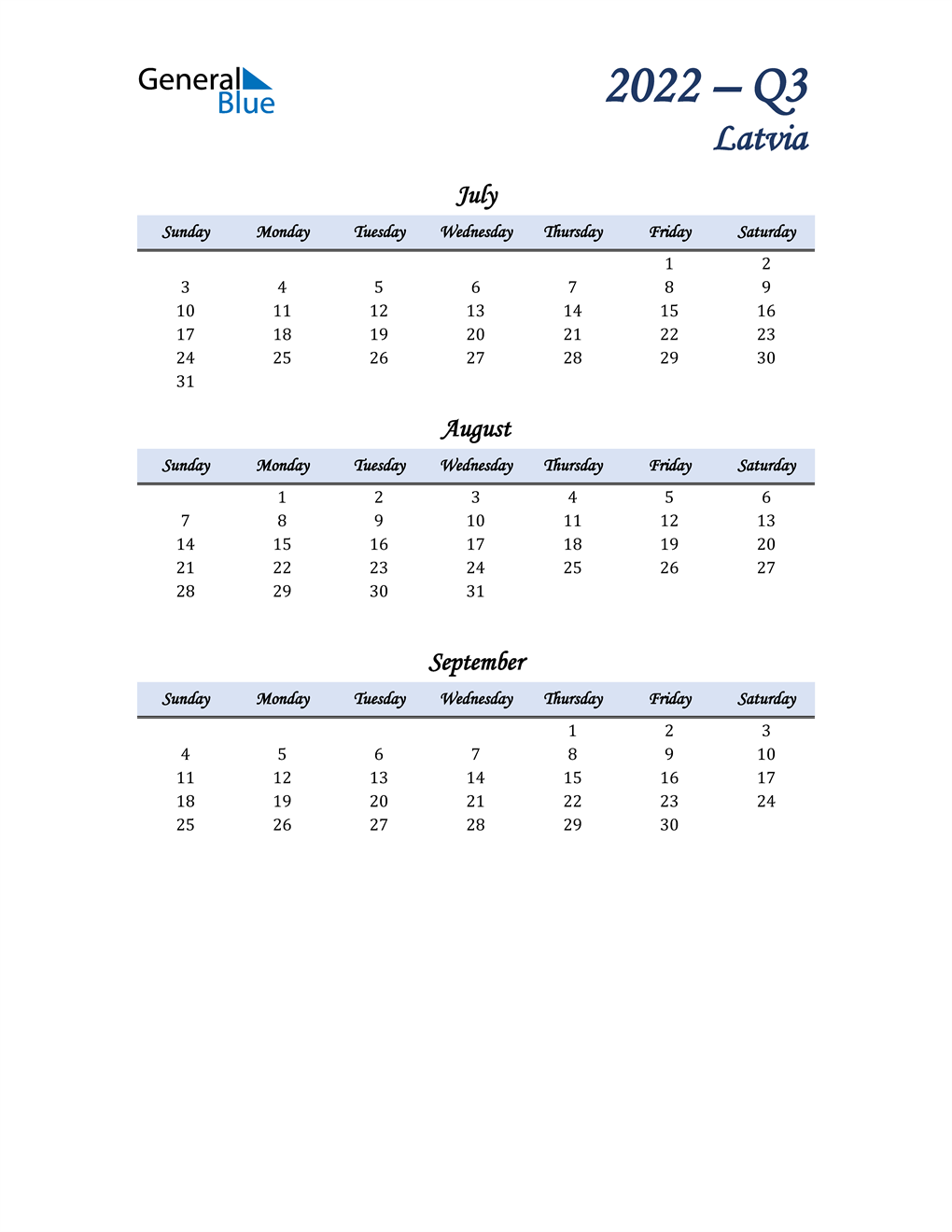  July, August, and September Calendar for Latvia