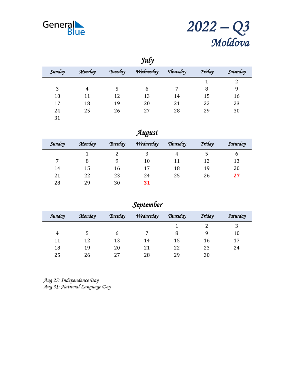  July, August, and September Calendar for Moldova