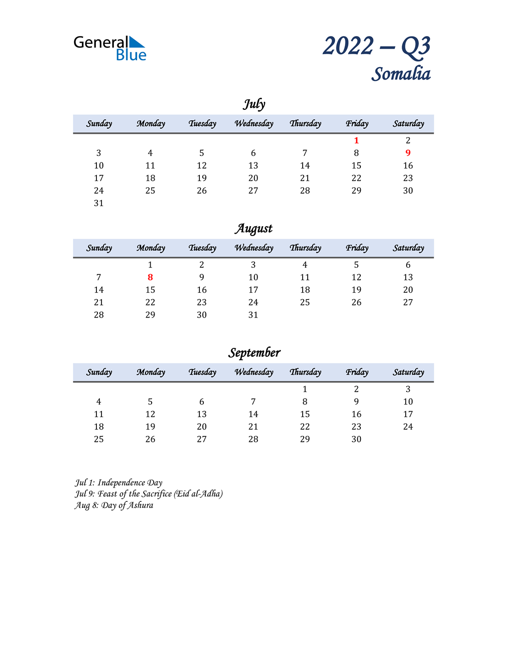  July, August, and September Calendar for Somalia
