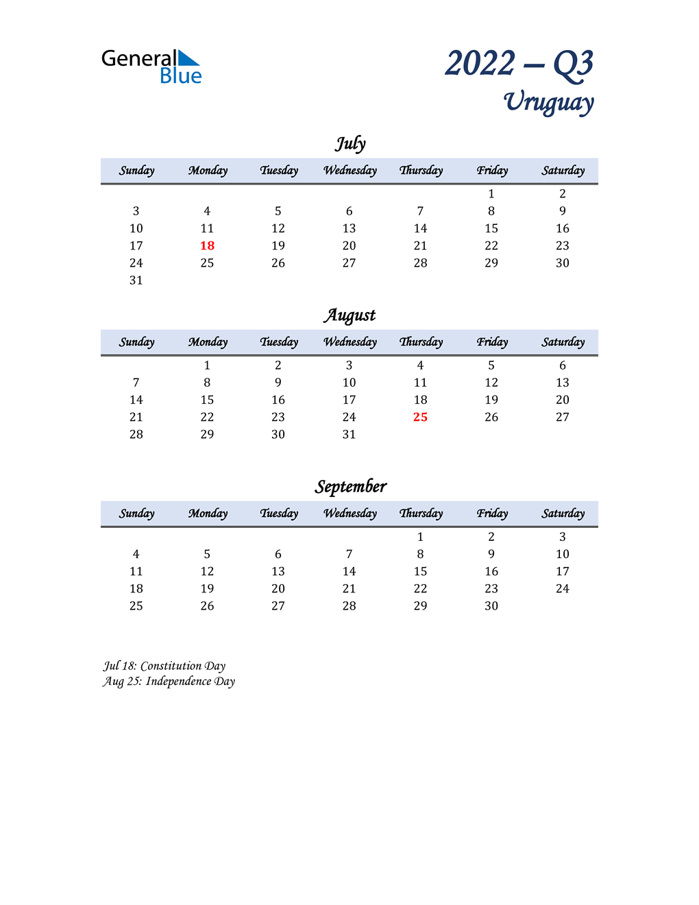  July, August, and September Calendar for Uruguay