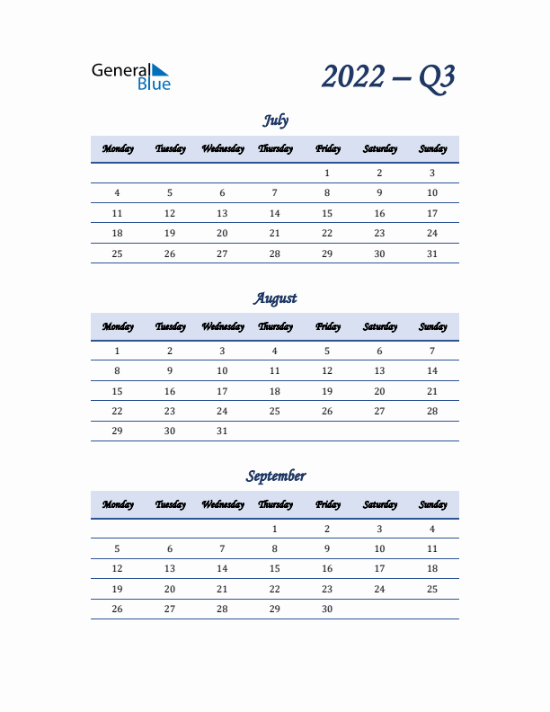Monday Start 2022 Quarterly Calendar