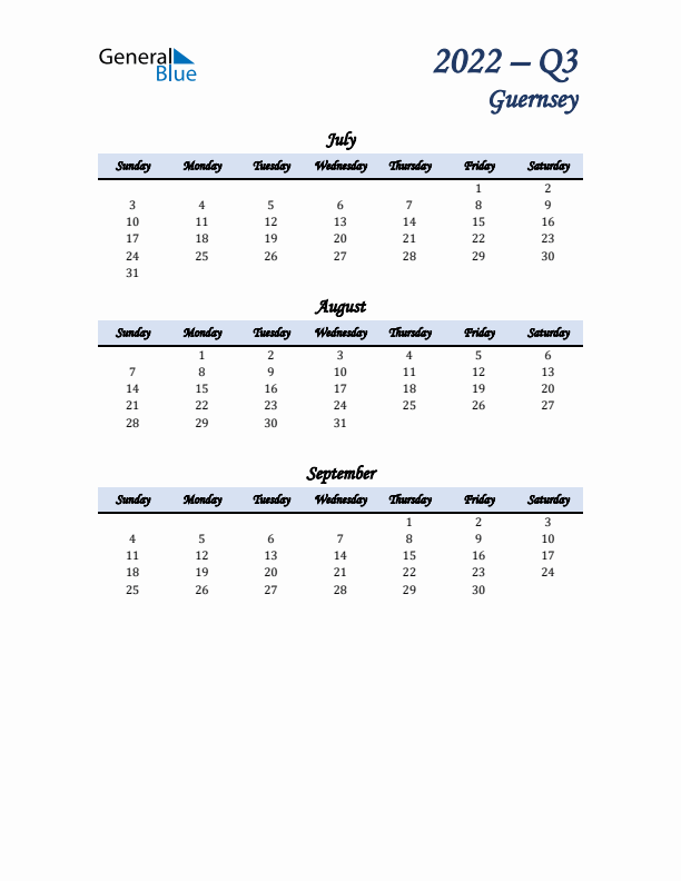 July, August, and September Calendar for Guernsey with Sunday Start