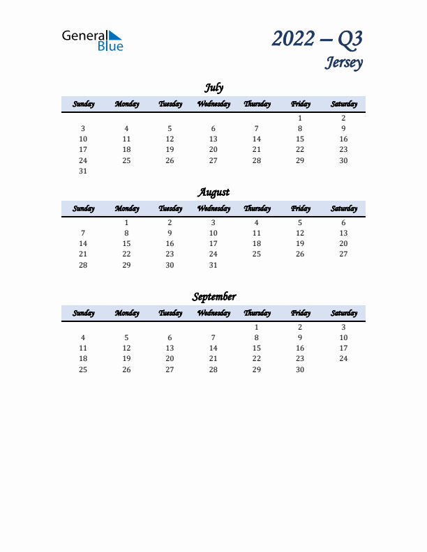 July, August, and September Calendar for Jersey with Sunday Start