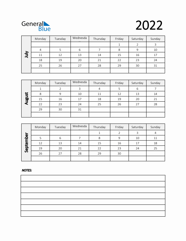 Q3 2022 Calendar with Notes