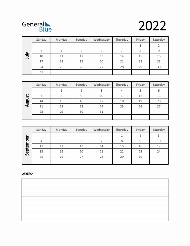 Q3 2022 Calendar with Notes