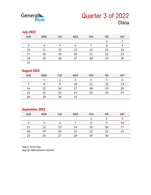  Printable Three Month Calendar for China