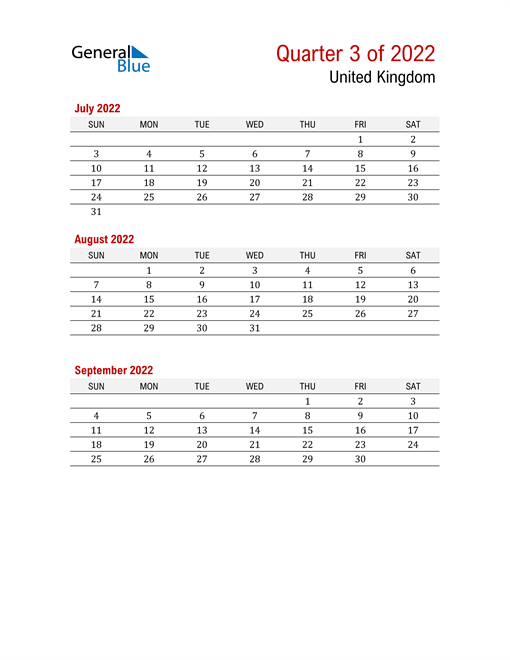  Printable Three Month Calendar for United Kingdom