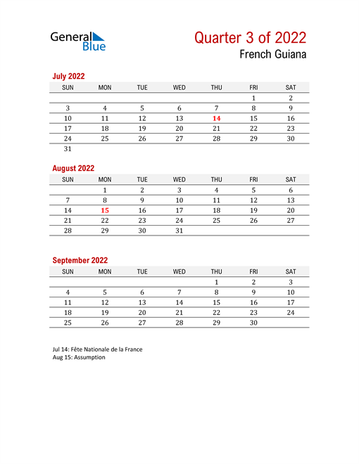  Printable Three Month Calendar for French Guiana