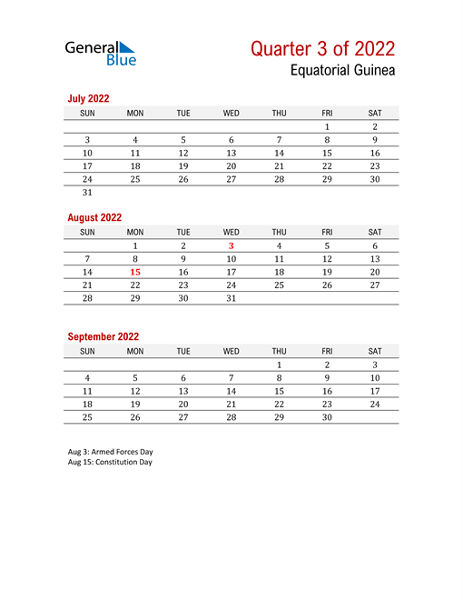  Printable Three Month Calendar for Equatorial Guinea
