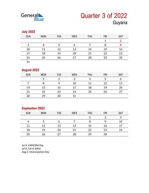  Printable Three Month Calendar for Guyana