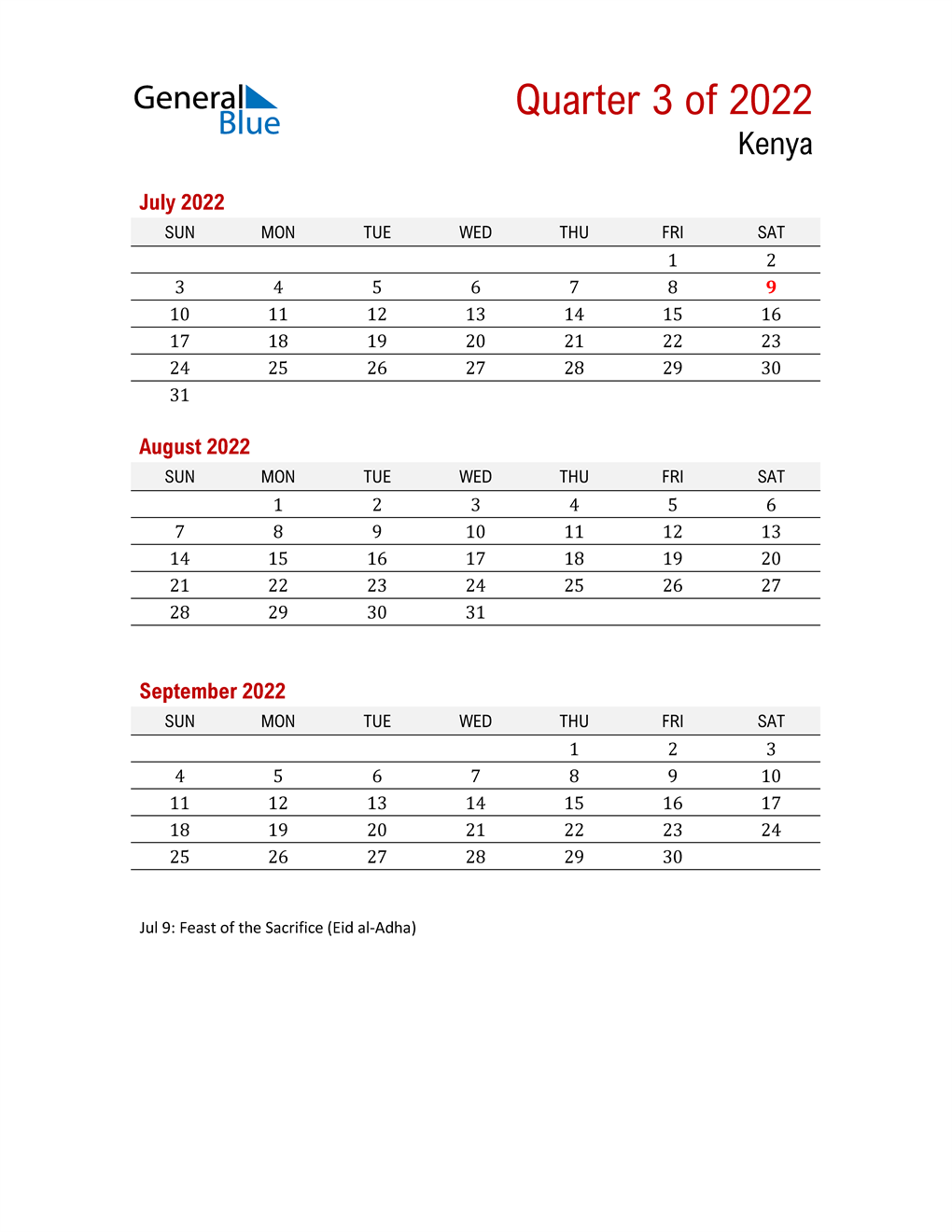  Printable Three Month Calendar for Kenya