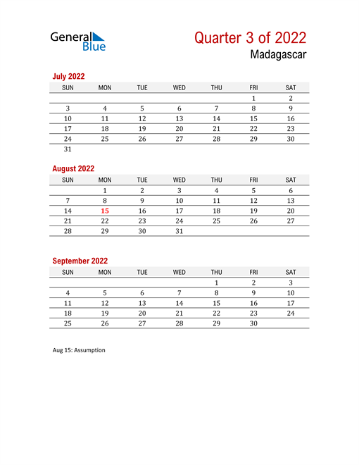  Printable Three Month Calendar for Madagascar