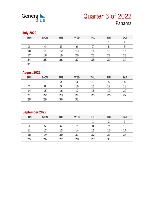  Printable Three Month Calendar for Panama