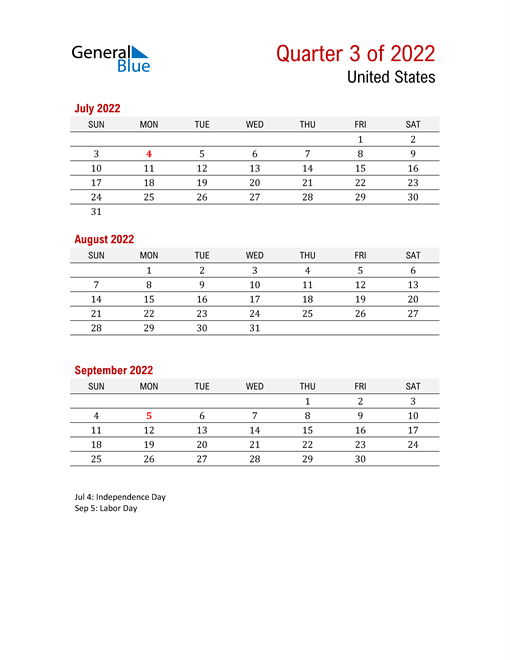  Printable Three Month Calendar for United States