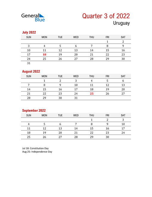  Printable Three Month Calendar for Uruguay