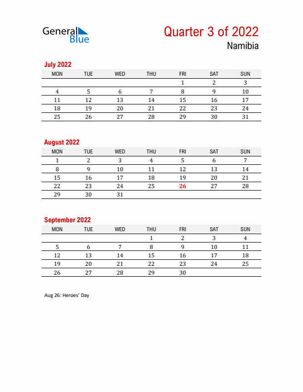 Printable Three Month Calendar with Namibia Holidays