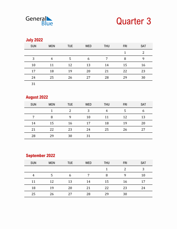 Three-Month Printable Calendar 2022