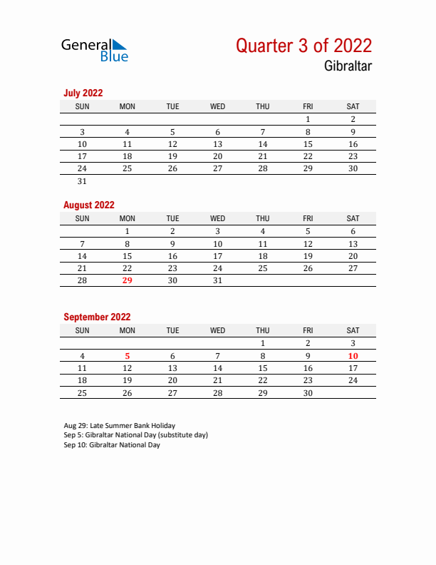 Printable Three Month Calendar with Gibraltar Holidays