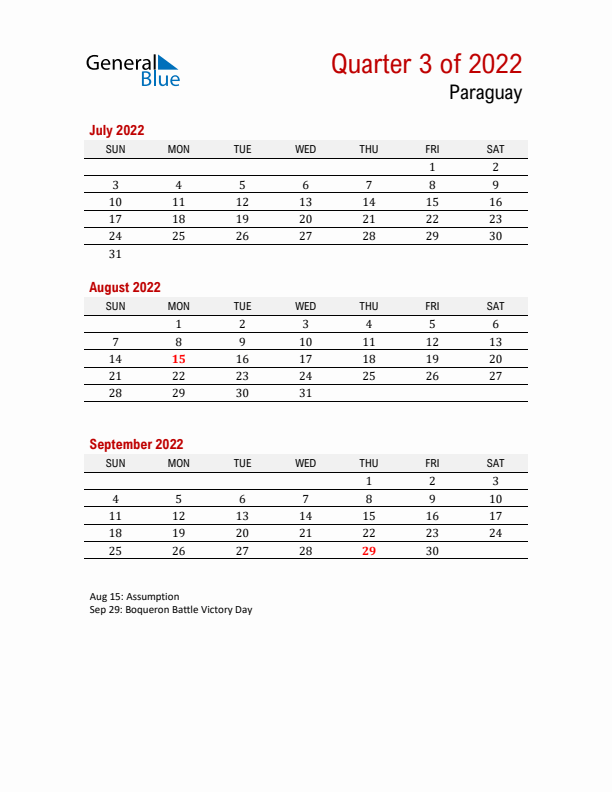 Printable Three Month Calendar with Paraguay Holidays