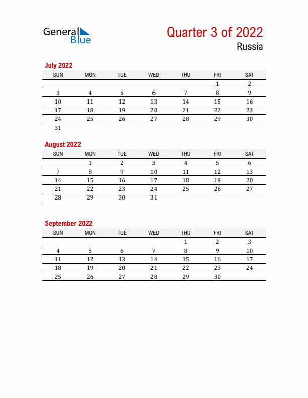 Printable Three Month Calendar with Russia Holidays