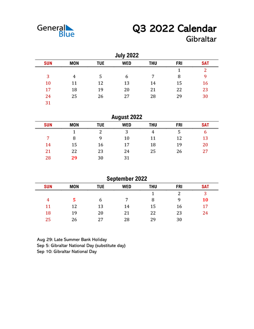  2022 Q3 Calendar with Holidays List