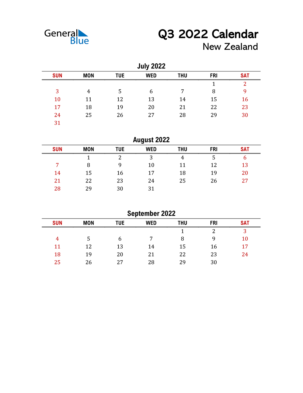 2022 Q3 Calendar with Holidays List