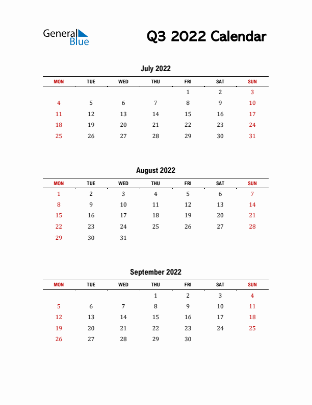 2022 Q3 Calendar with Red Weekend