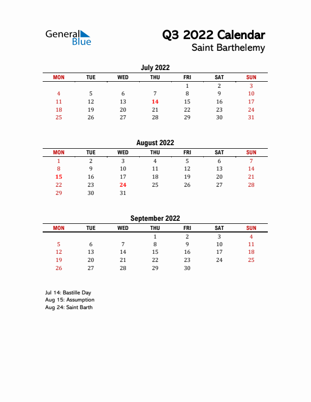2022 Q3 Calendar with Holidays List for Saint Barthelemy