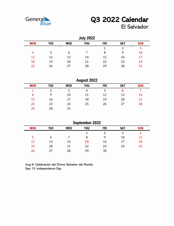 2022 Q3 Calendar with Holidays List for El Salvador