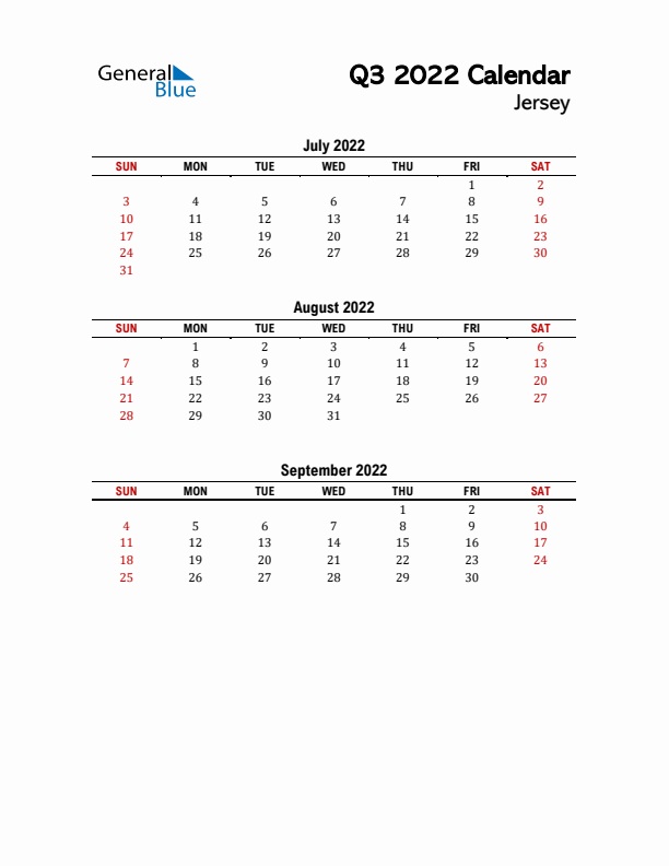 2022 Q3 Calendar with Holidays List for Jersey