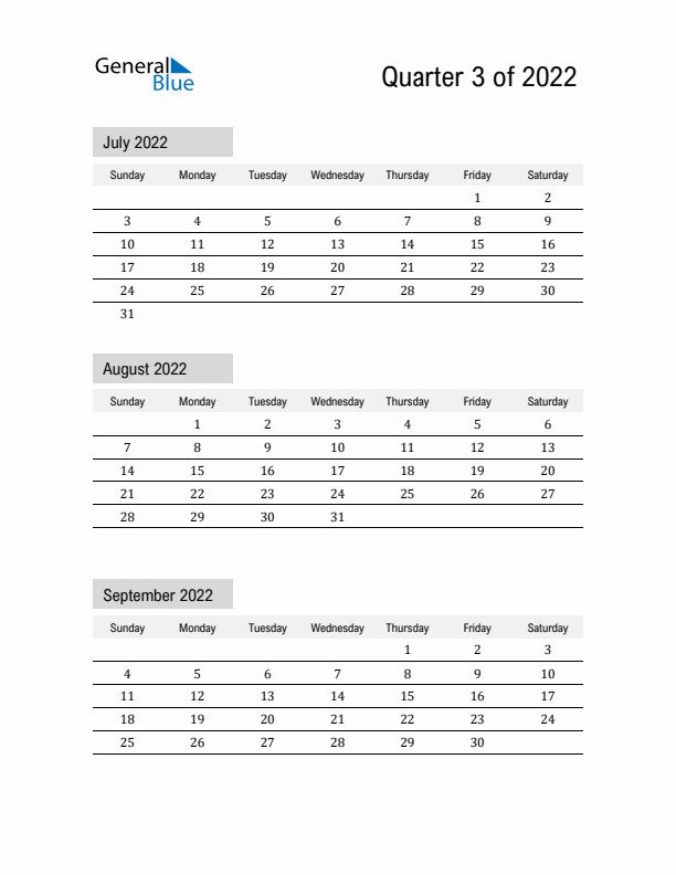 July, August, and September Calendar 2022
