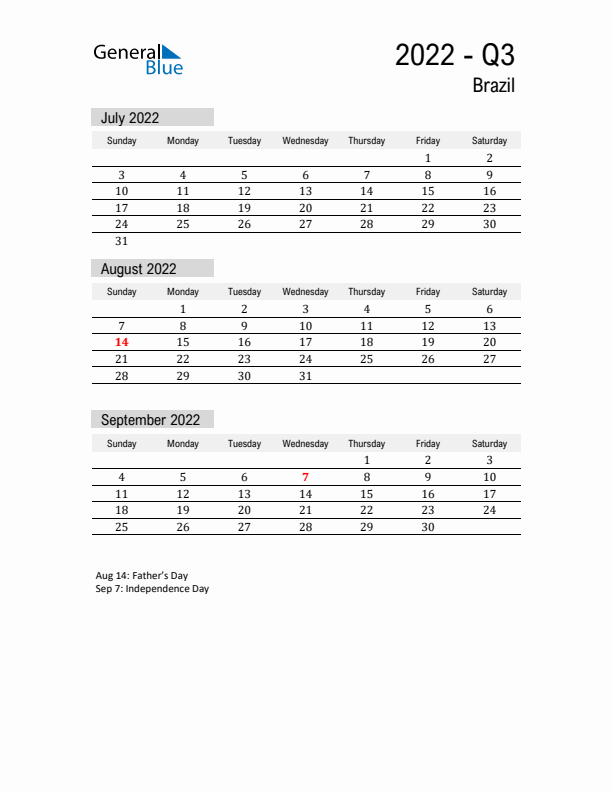 Brazil Quarter 3 2022 Calendar with Holidays
