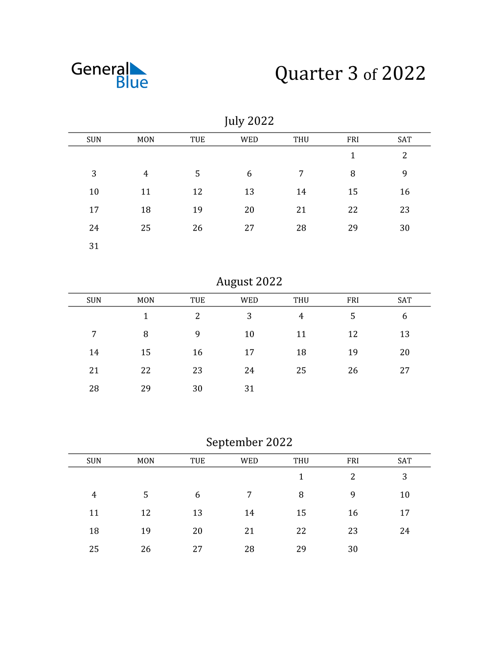  2022 Three-Month Calendar