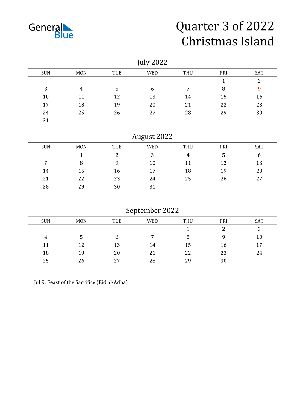  2022 Christmas Island Quarterly Calendar