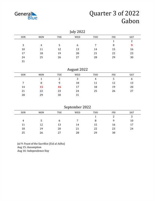  2022 Gabon Quarterly Calendar