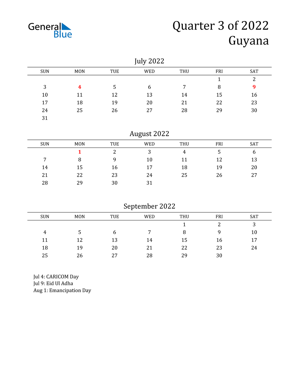 2022 Guyana Quarterly Calendar