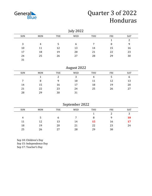  2022 Honduras Quarterly Calendar