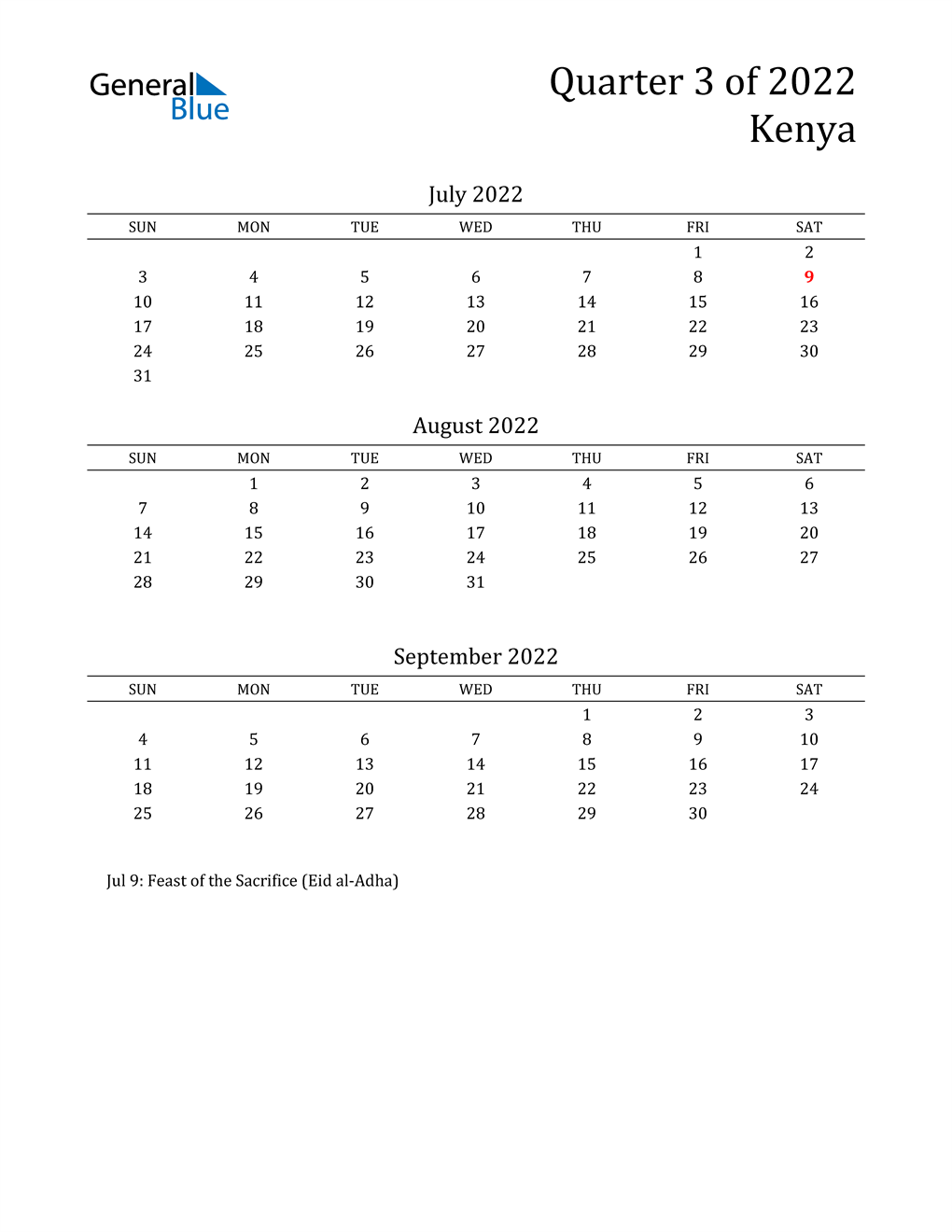  2022 Kenya Quarterly Calendar