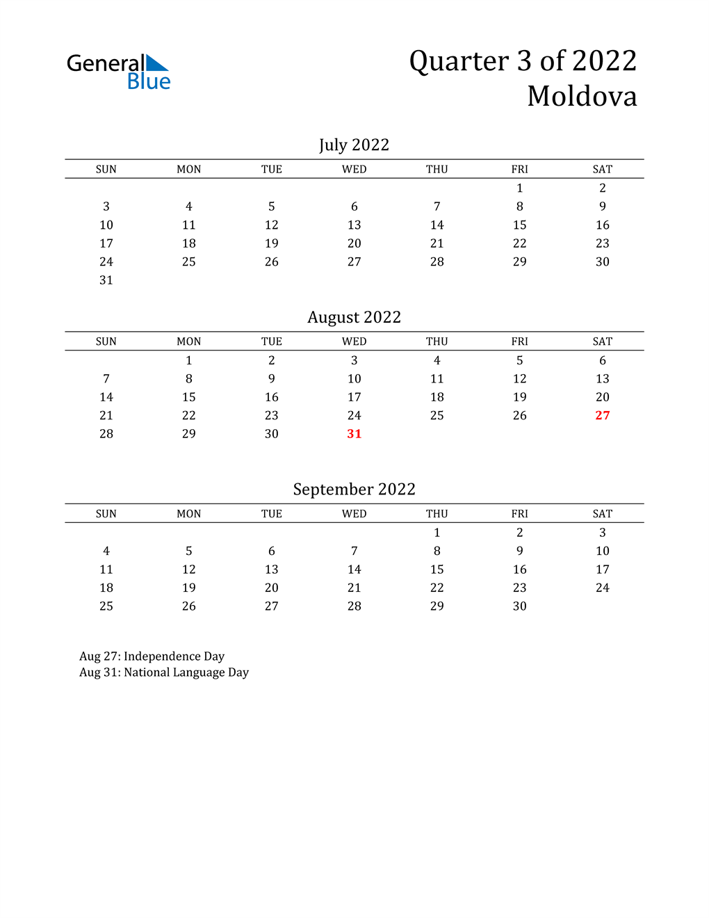  2022 Moldova Quarterly Calendar