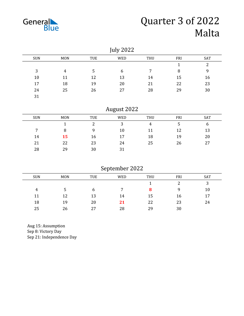  2022 Malta Quarterly Calendar